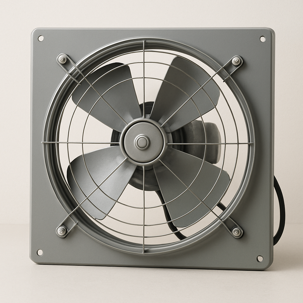 durable utility room exhaust fan with grey metal housing and square front grille