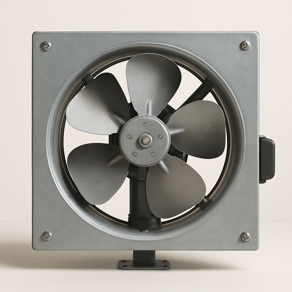 angled view of a practical ventilation unit with mounting flanges and exposed duct outlet