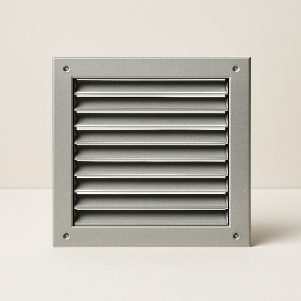 stamped metal utility grille with wide louvers on a service room wall