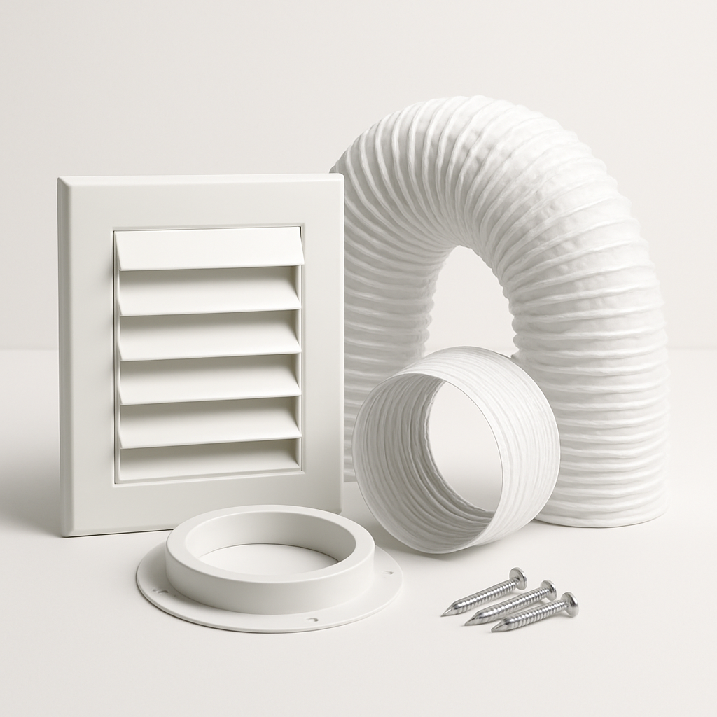 assorted vent hardware arranged in a tray with screws, clamp, and sealing tape