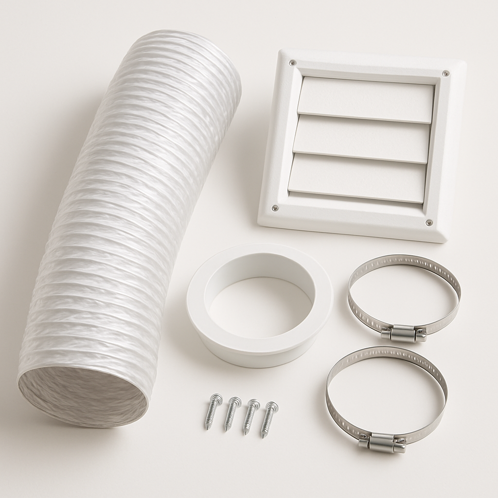 jobsite kit contents spread on a workbench with fasteners, sealant, and strap