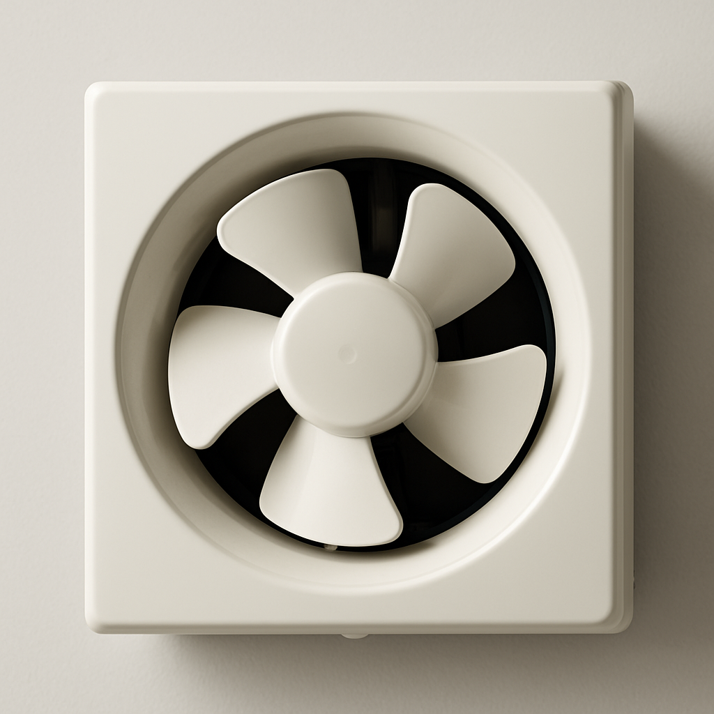 square wall mounted exhaust fan with white shutter blades set in a metal frame