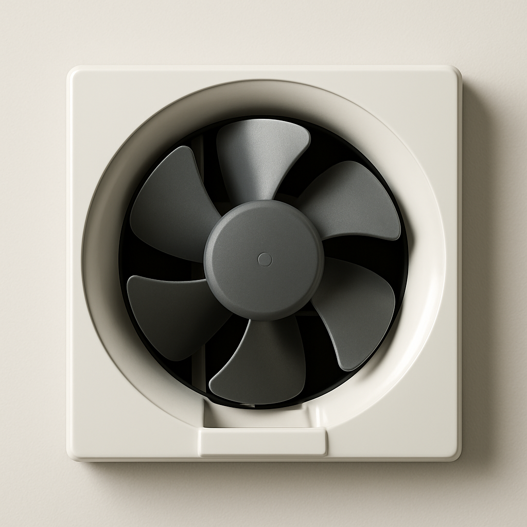 side angle of a direct vent wall fan showing protective grille and rear louvered shutter