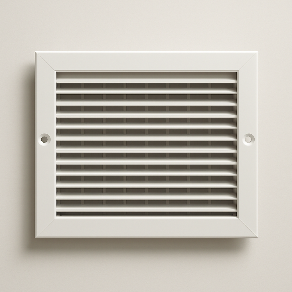 rectangular grille mounted on a finished wall with a simple flat border