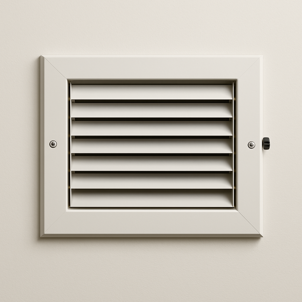 white sidewall air outlet with adjustable horizontal blades mounted on a painted wall
