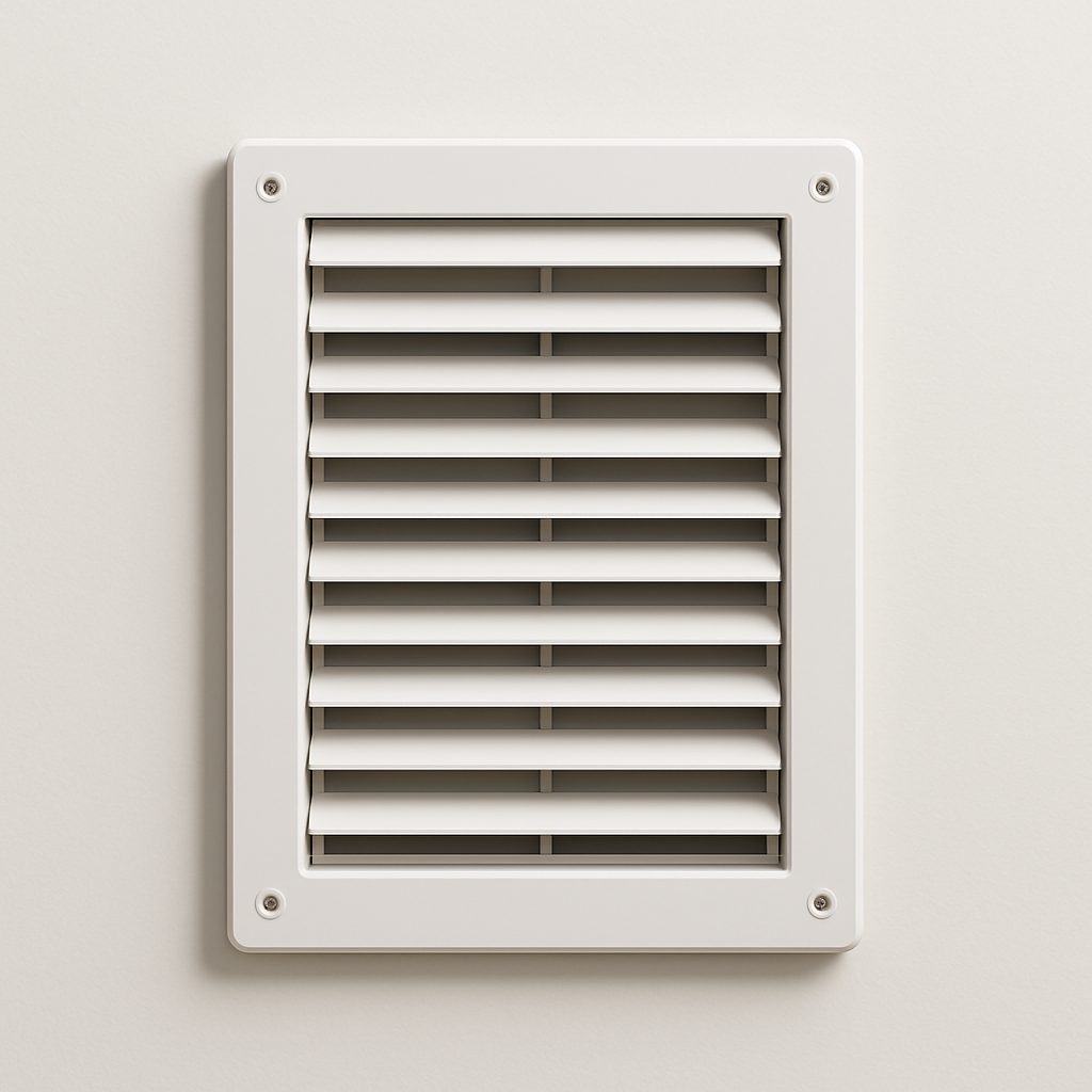 angled close-up of a metal wall vent showing movable louvers and screw holes