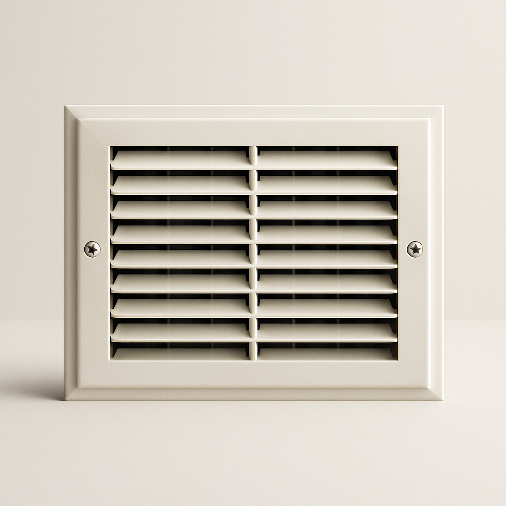 white wall air vent with adjustable horizontal louvers and a clean rectangular frame