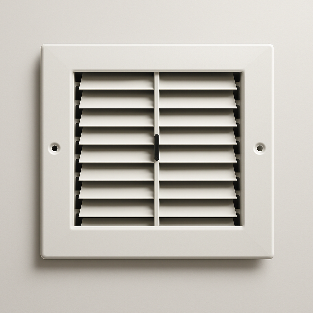 supply grille mounted on painted drywall with a small damper lever near one side