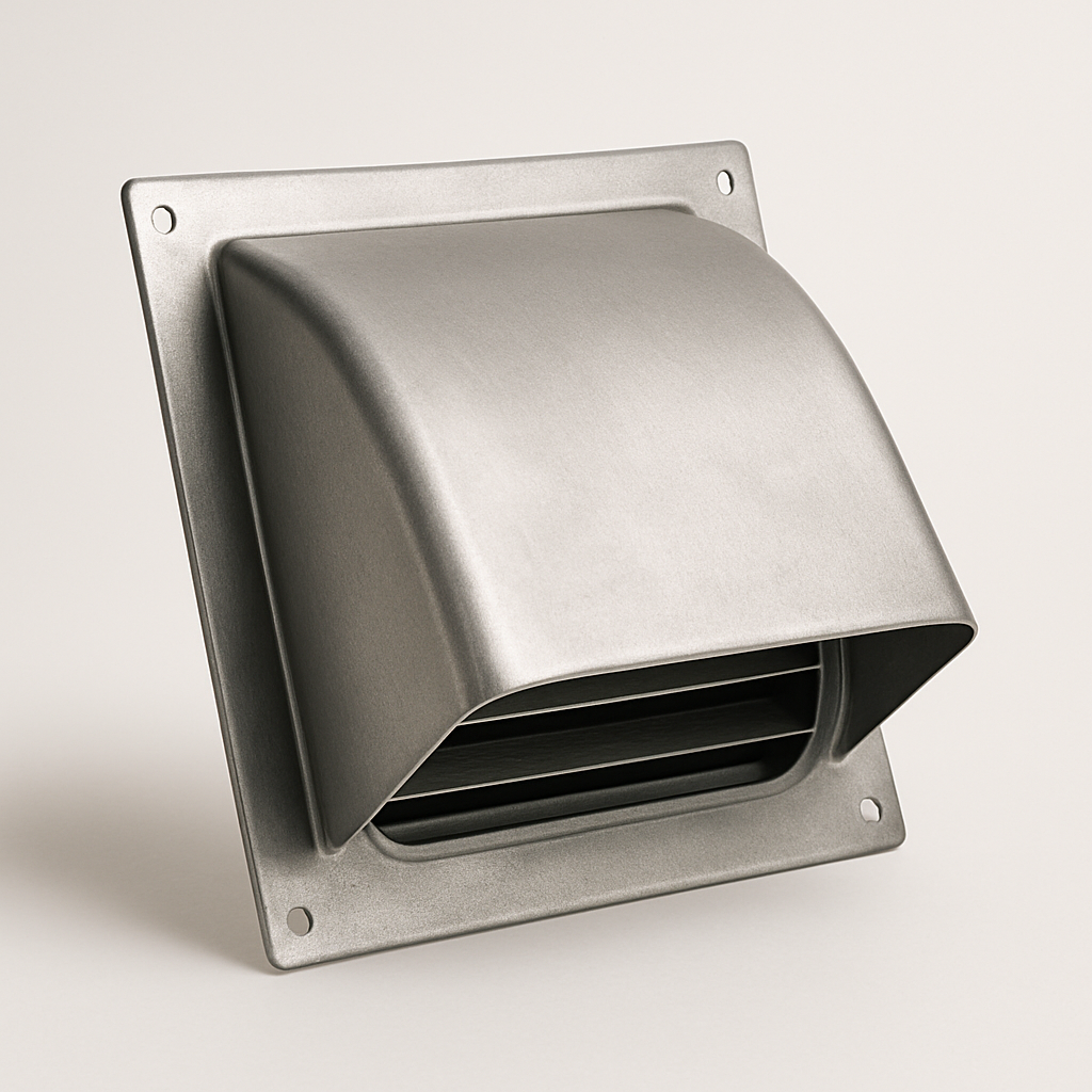 heavy metal weather hood with deep overhang and square mounting flange on siding