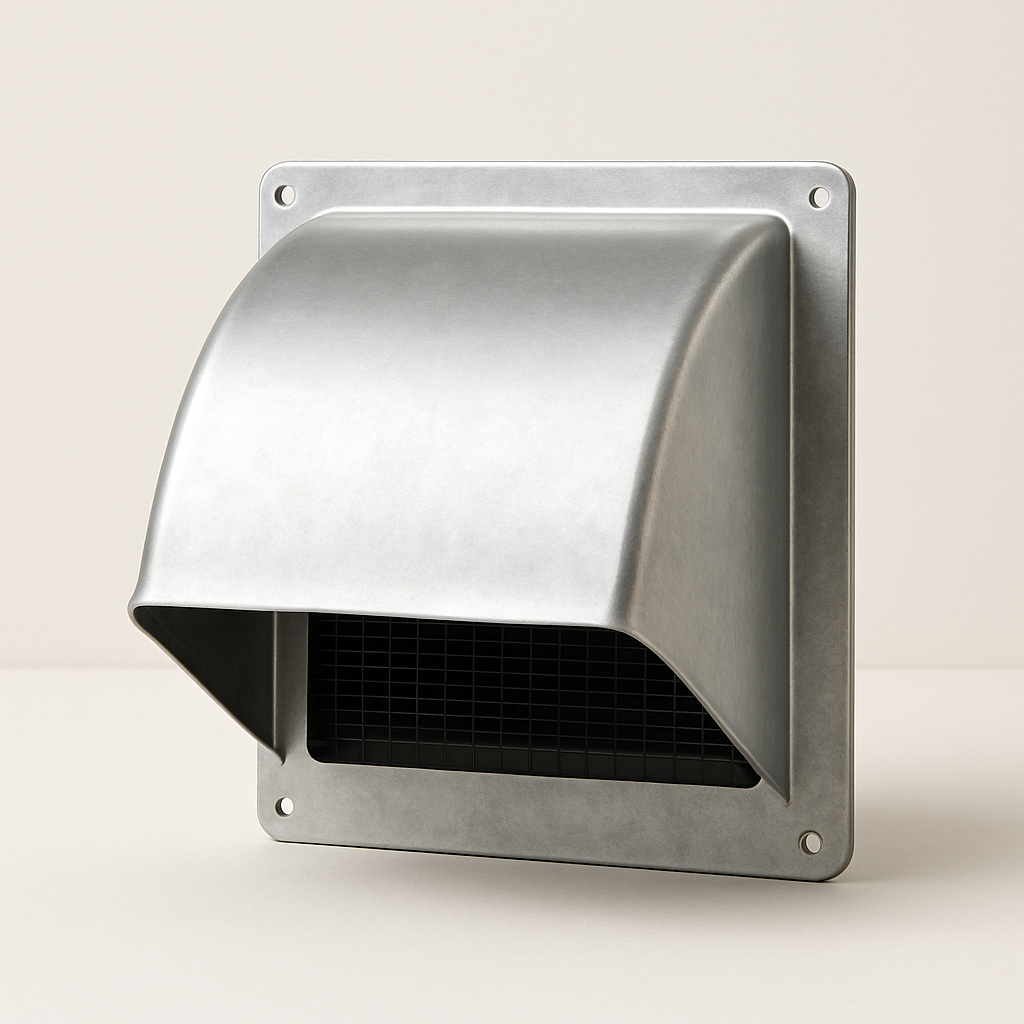 close-up of protective vent hood showing thick curved cover and lower damper gap