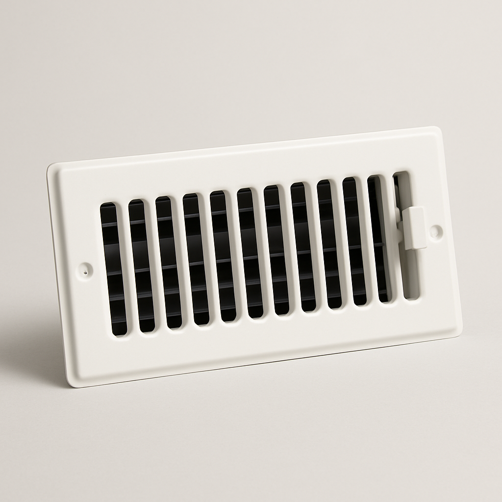 white metal floor vent with straight louvers and a simple rectangular frame
