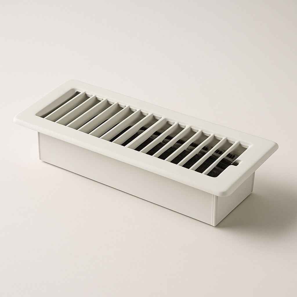 clean replacement air cover shown on pale flooring with the damper partly open