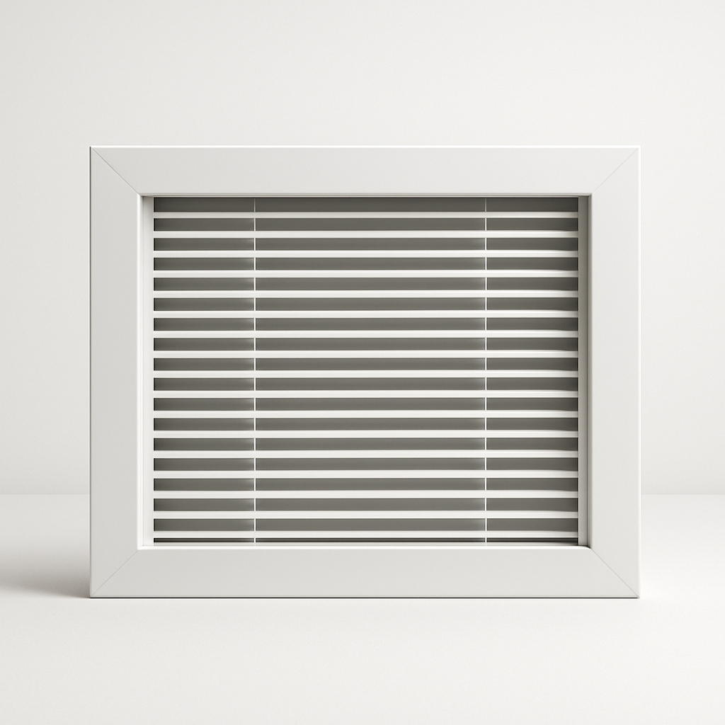 white surface mounted grille with a wide frame covering a rough opening
