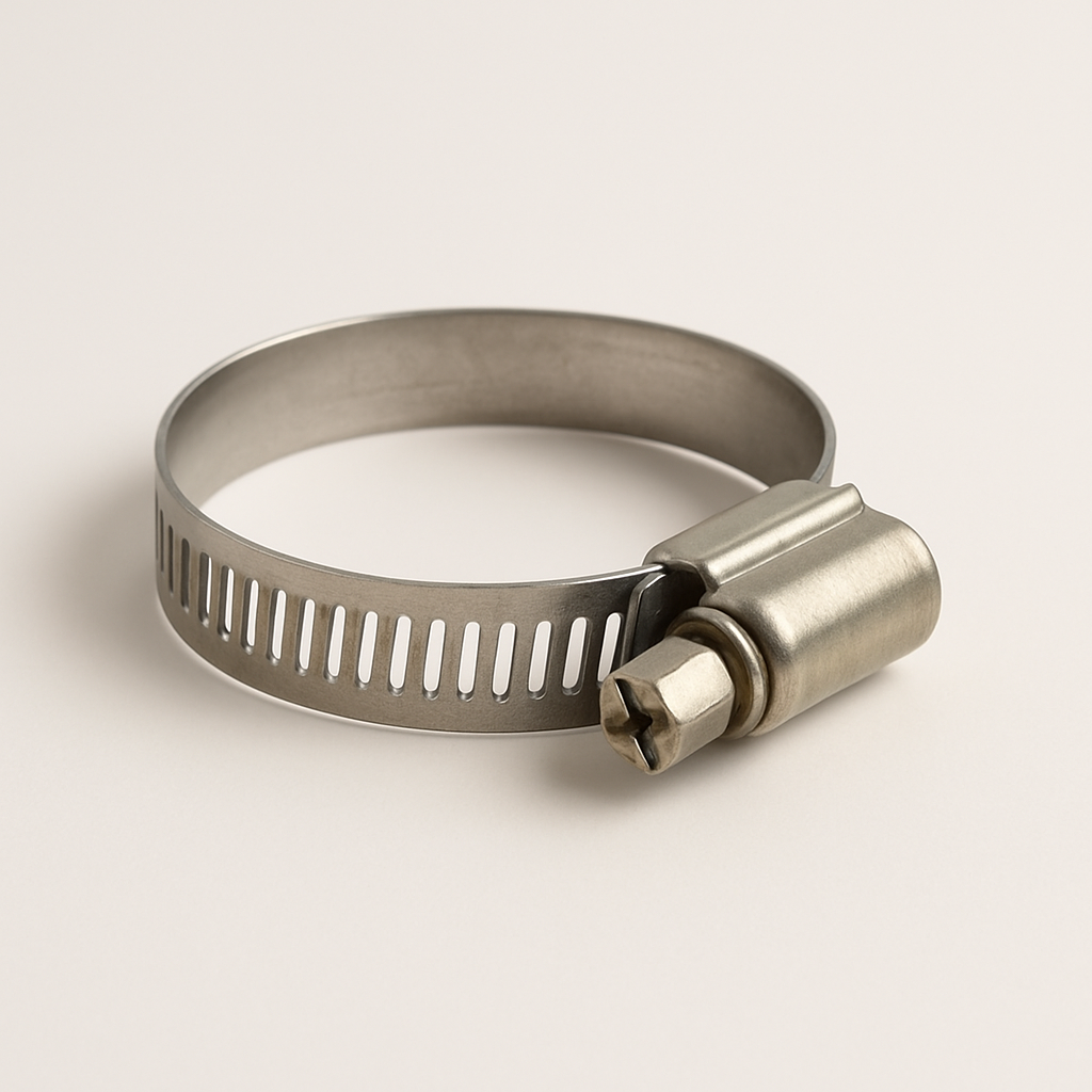 stainless adjustable clamp standing open on a clean white surface