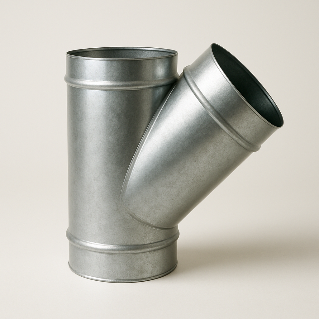 galvanized wye shaped duct fitting with two angled branches on a grey tabletop