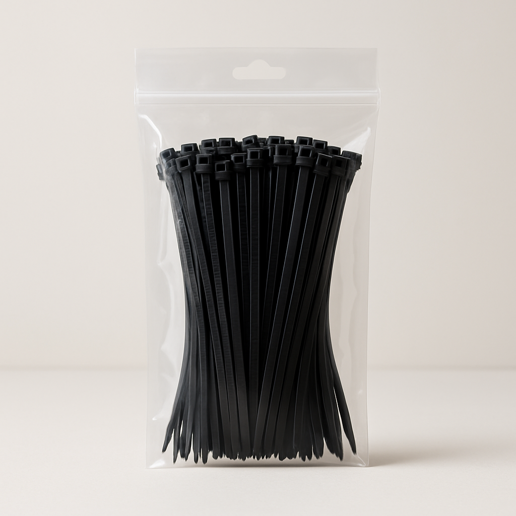 bundle of white nylon cable ties fanned out on a gray tabletop