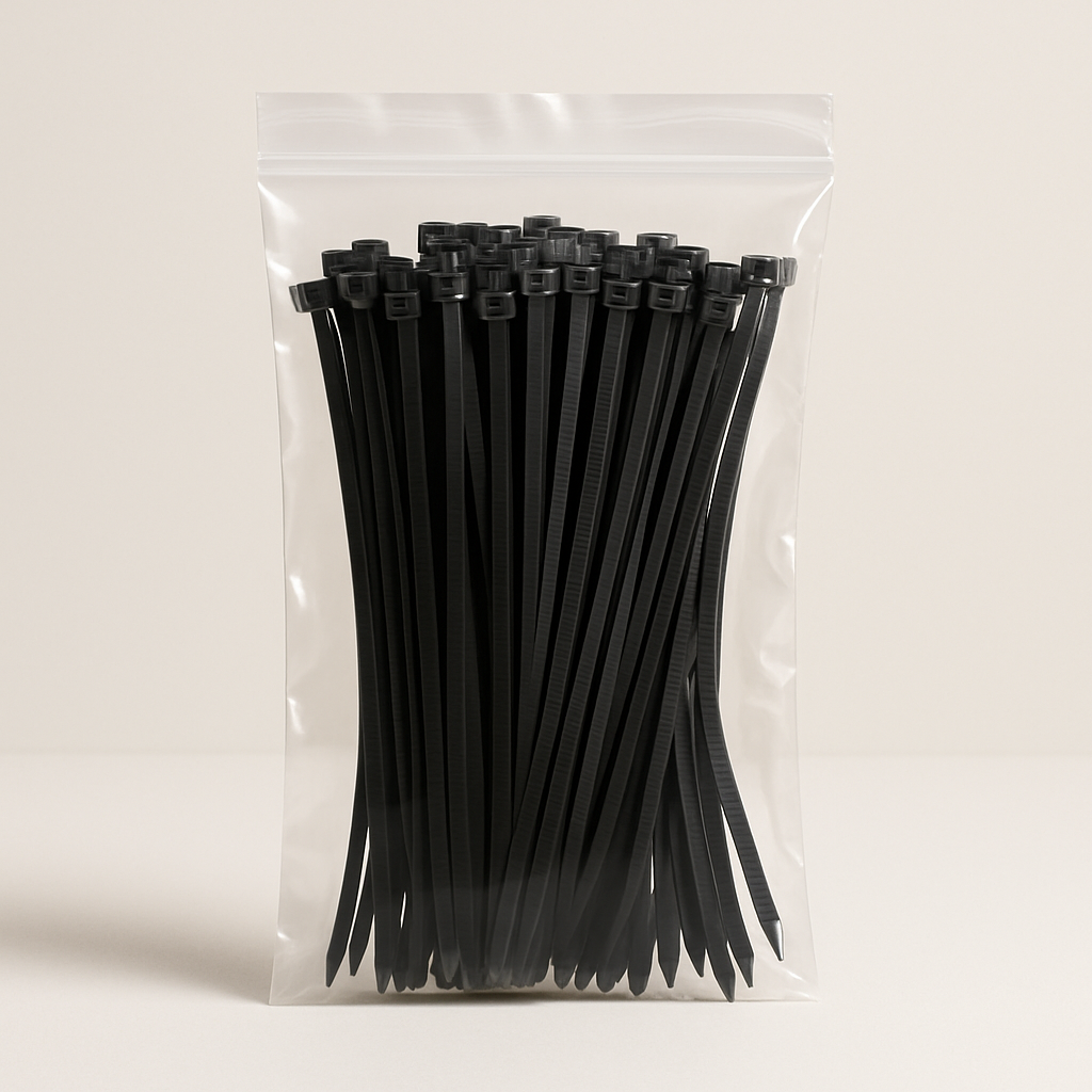 close view of locking heads and ribbed tie straps arranged in a neat stack