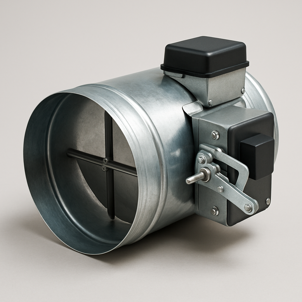 rectangular duct zone damper with a sealed blade and small control box mounted on one side