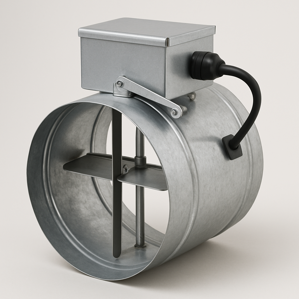 front view of a metal duct opening with a smooth internal blade set partly closed